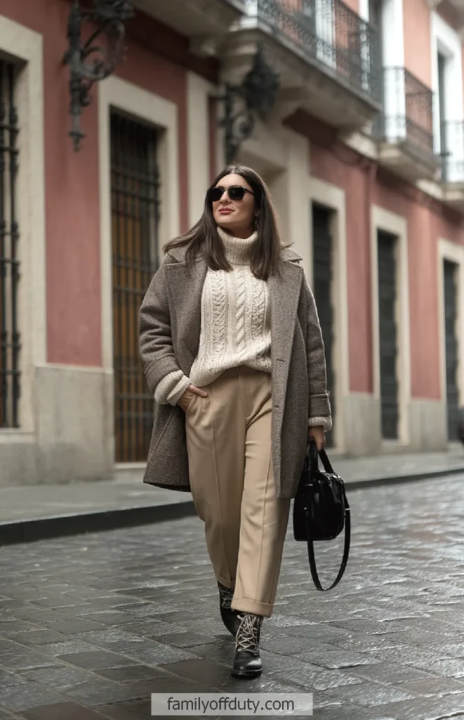 Stylish woman in a winter outfit walking on a city street, wearing sunglasses, a cozy coat, and holding a bag.