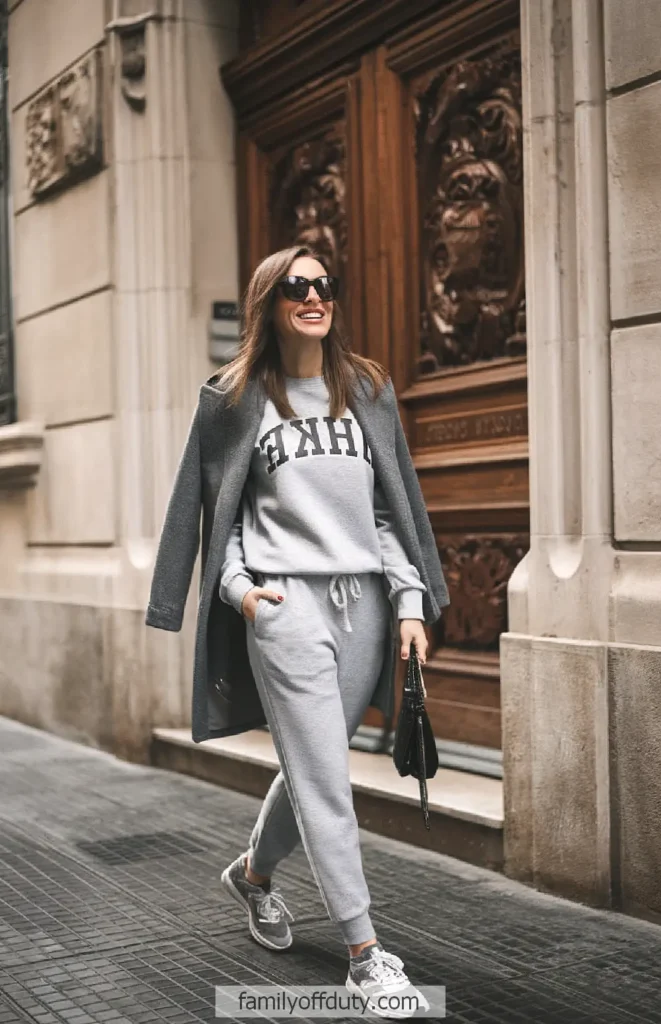 Woman in stylish gray loungewear and coat walking on city street, holding a bag and smiling confidently.