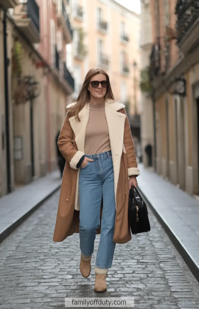 Woman in fashionable winter coat and jeans walking confidently down a charming cobblestone street.