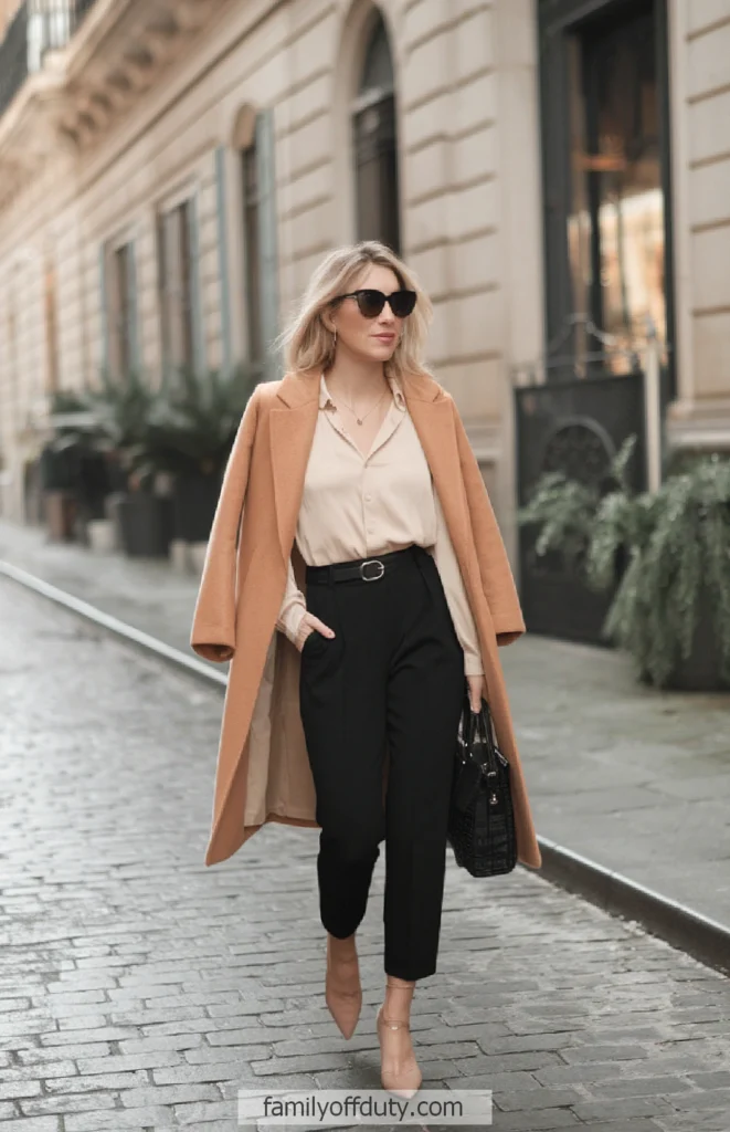 Stylish woman in chic camel coat and sunglasses walking on a city street with confidence.
