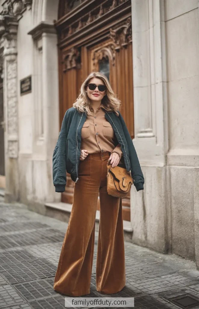 Fashionable woman in urban setting, wearing brown flared pants, a jacket, and sunglasses, holding a stylish bag.