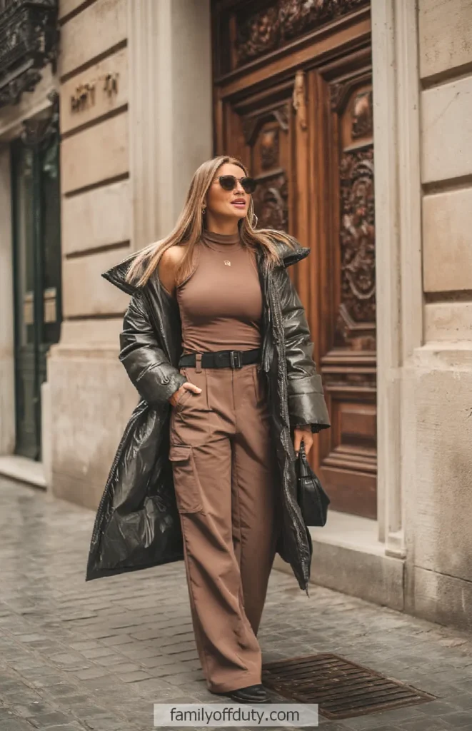 Fashionable woman in brown outfit with black coat walking on city street. Stylish urban fashion.