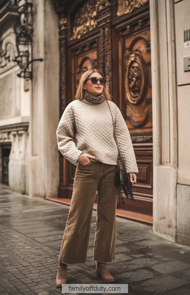 Fashionable woman in cozy autumn outfit, walking by ornate wooden doors on a city street.