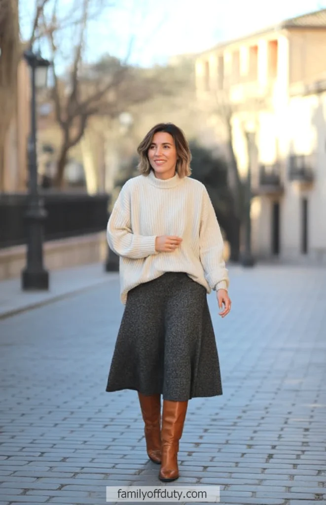 Woman in cozy sweater and boots walking on a cobblestone street, smiling warmly on a sunny day.