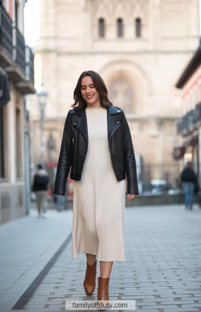 Smiling woman wearing black leather jacket and beige dress walking down a cobblestone street.