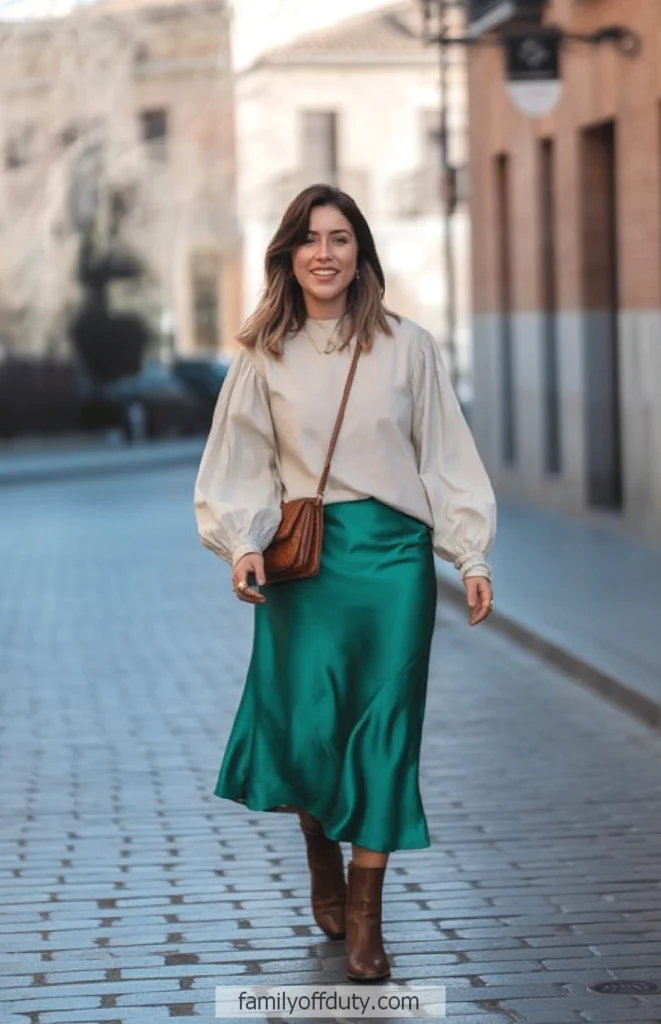 Woman walking on city street wearing green skirt, beige blouse, brown boots, and shoulder bag. Fashionable winter outfit.