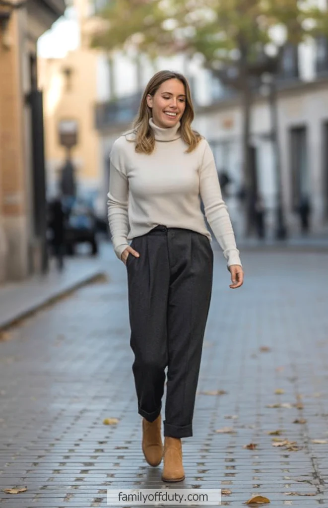 Smiling woman in casual attire walking on an urban street with fallen leaves around.