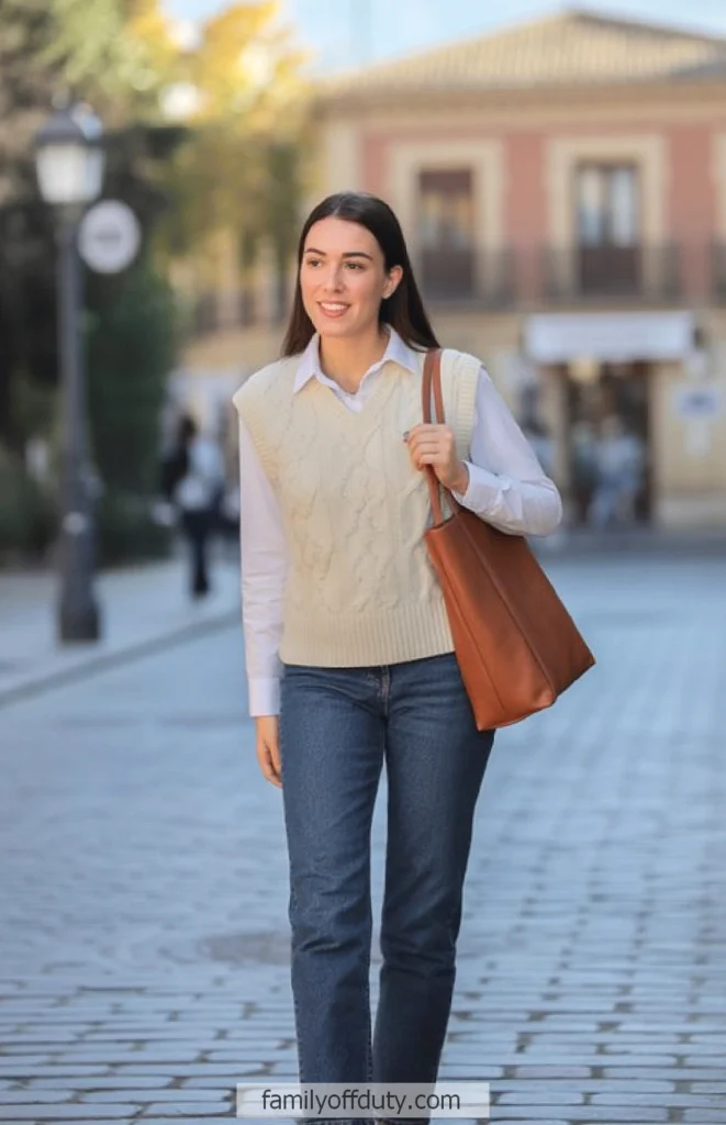 Smiling woman walking in stylish outfit with brown bag on city street during fall.