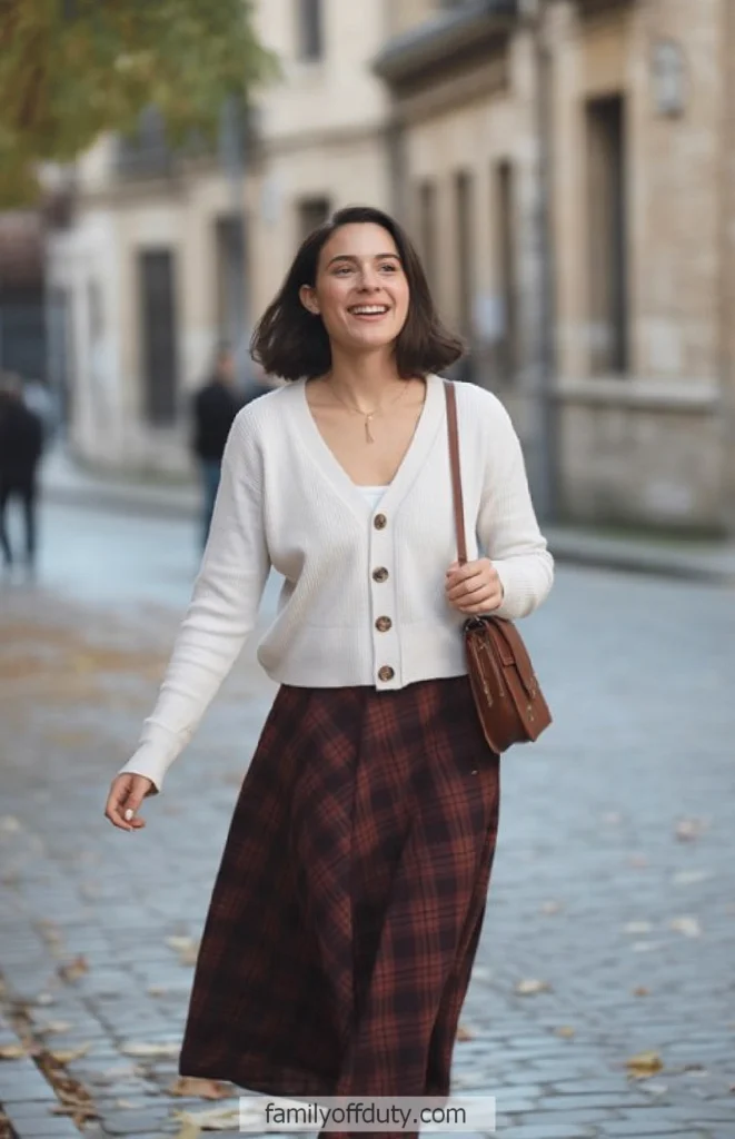 Smiling woman walking on a cobblestone street, wearing a white cardigan and plaid skirt, carrying a brown handbag.