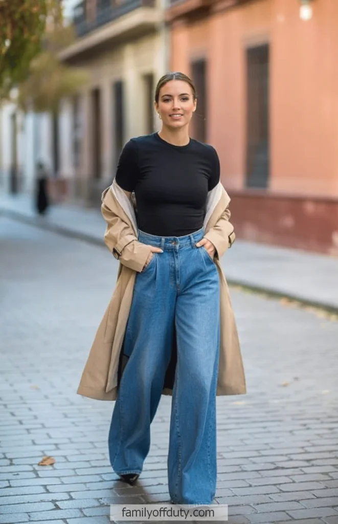 Woman in black top, wide-leg jeans, and tan coat walking confidently on a city sidewalk.
