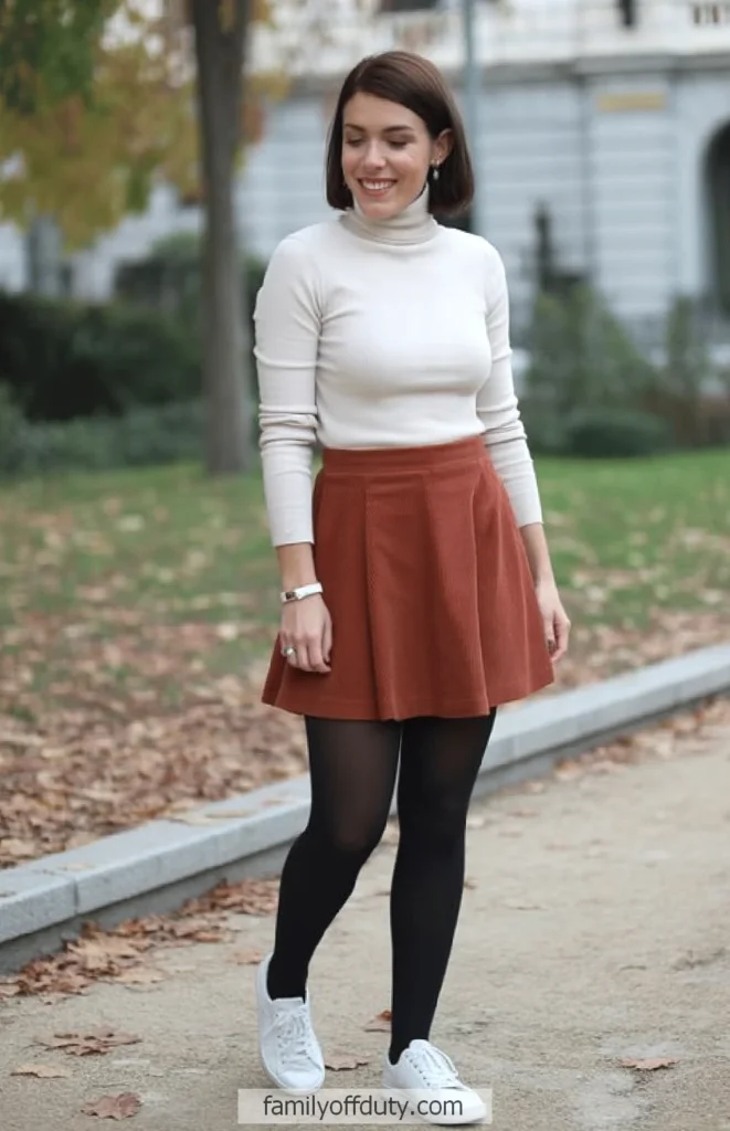 Woman in autumn outfit with white turtleneck and rust skirt, walking on a park pathway, smiling.