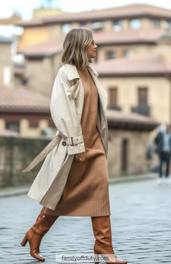 Woman walking in a beige trench coat, brown dress, and boots on a city street.