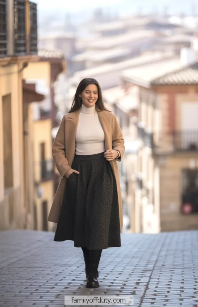 Woman in a beige coat walking on a sunny city street, feeling confident and stylish.
