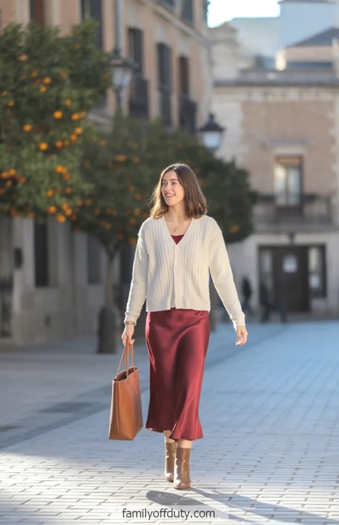 Woman walking on a sunny street in elegant outfit, holding a tote bag.