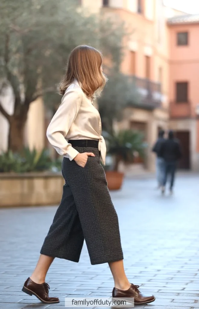 Stylish woman walking in city street wearing a silk blouse, wide pants, and brown shoes.