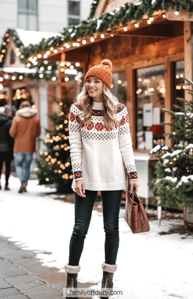 Woman in cozy winter sweater and beanie at festive Christmas market, surrounded by snowy decor and lights.