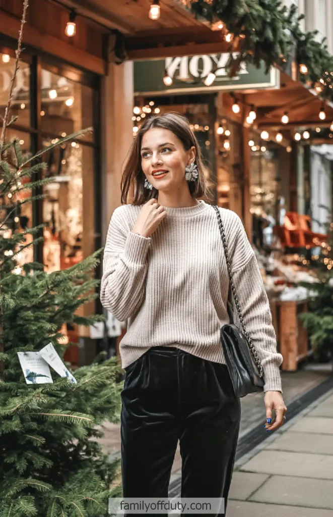 Woman in stylish winter outfit walking through festive, decorated street with lights and greenery, smiling.