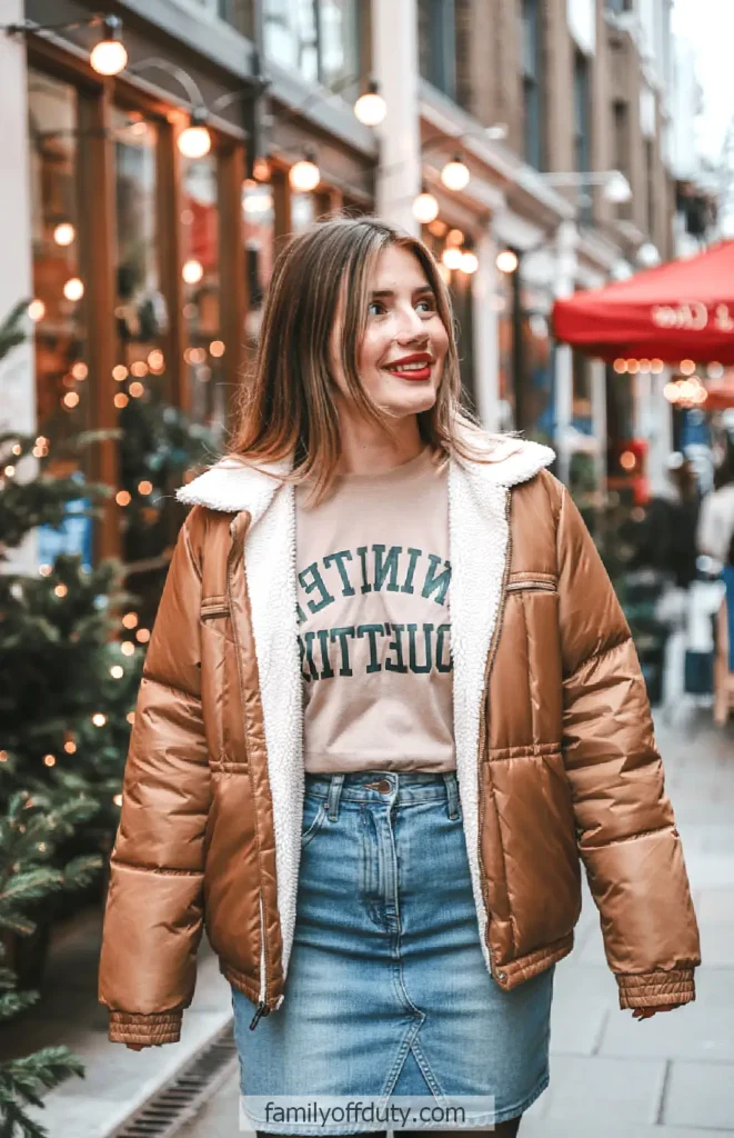 Woman in brown jacket and denim skirt smiles on festive city street.