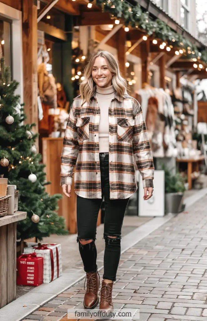 Smiling woman in plaid shirt and jeans walks on festive city street, decorated with lights and Christmas tree.