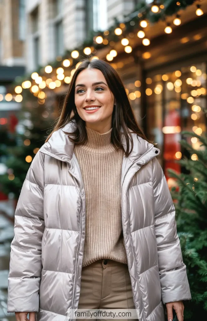 Smiling woman in a winter coat, festive lights and Christmas tree in background, urban holiday setting.