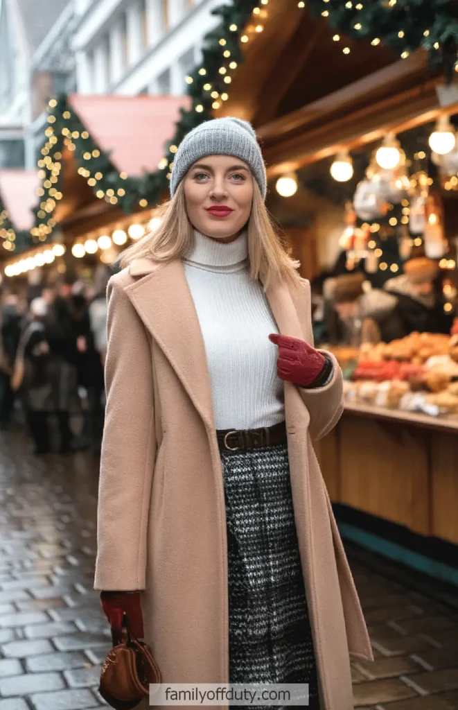 Woman in winter outfit at festive Christmas market with lights and holiday decor.