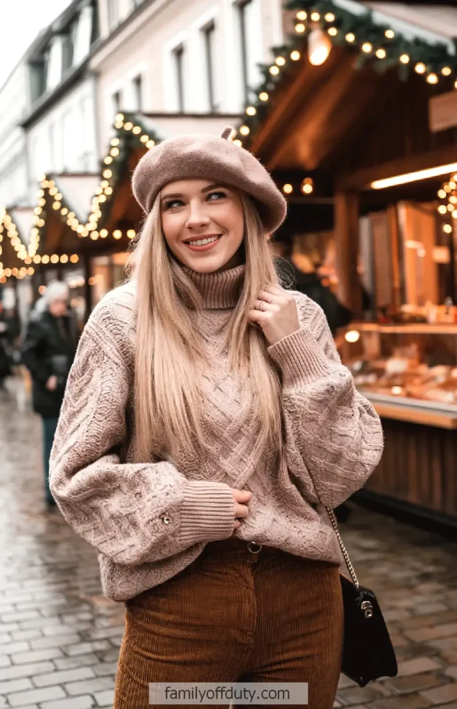 Woman in cozy sweater and beret smiling at festive market, surrounded by lights and winter decorations.