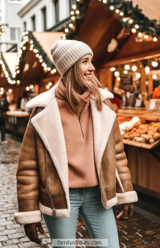 Smiling woman in cozy winter outfit at festive holiday market with lights and wooden stalls in the background.