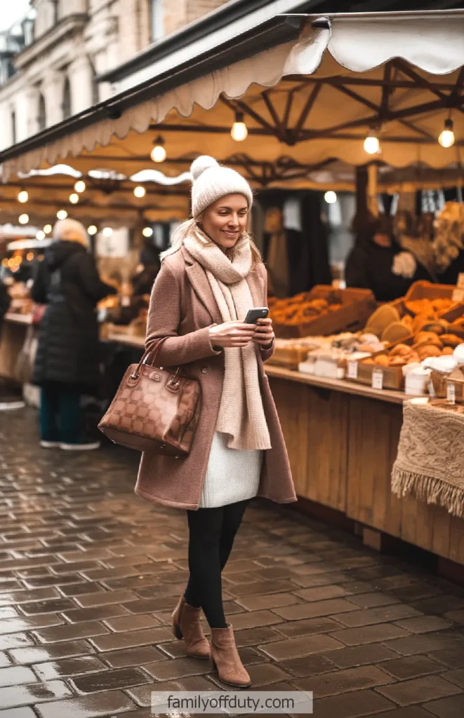 Woman in cozy winter outfit browsing a market stall on a rainy day.