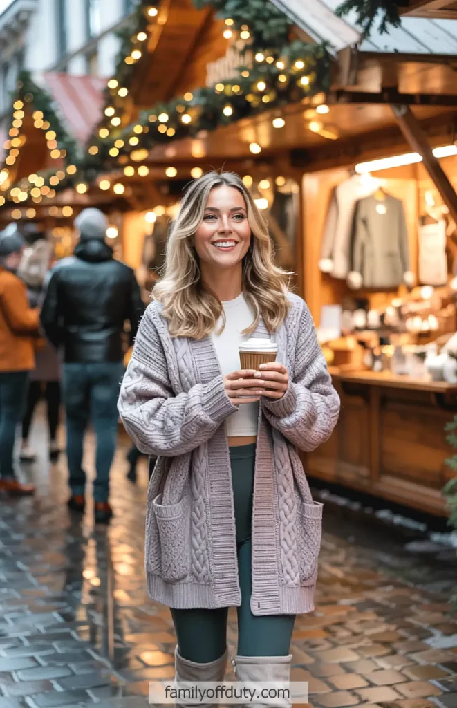 Woman enjoying coffee at a festive outdoor market, surrounded by holiday lights and cozy winter atmosphere.