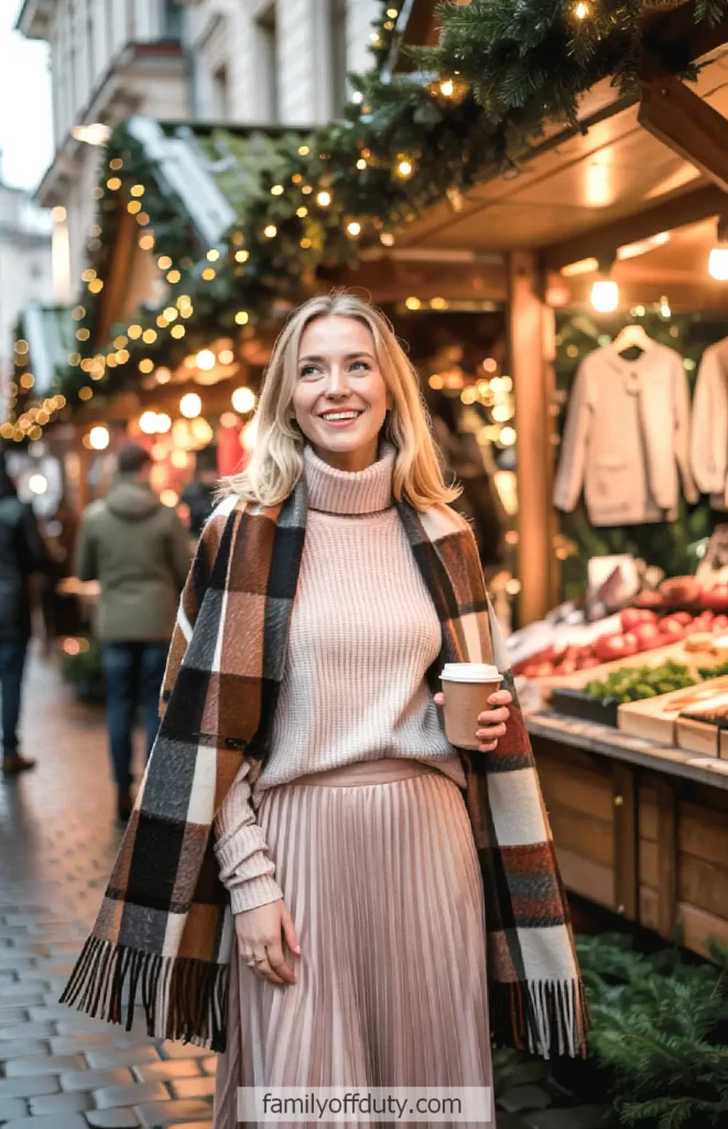 Smiling woman enjoying a festive outdoor market, holding coffee, wearing a plaid scarf and cozy sweater.