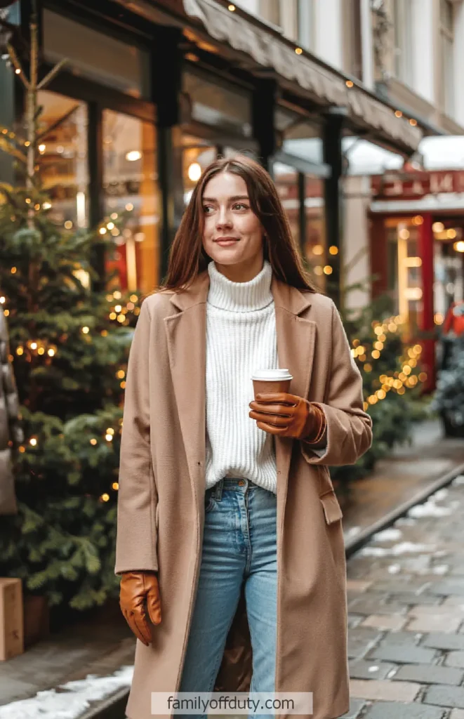 Woman in winter coat holding coffee, strolling through festive city street decorated with lights and trees.