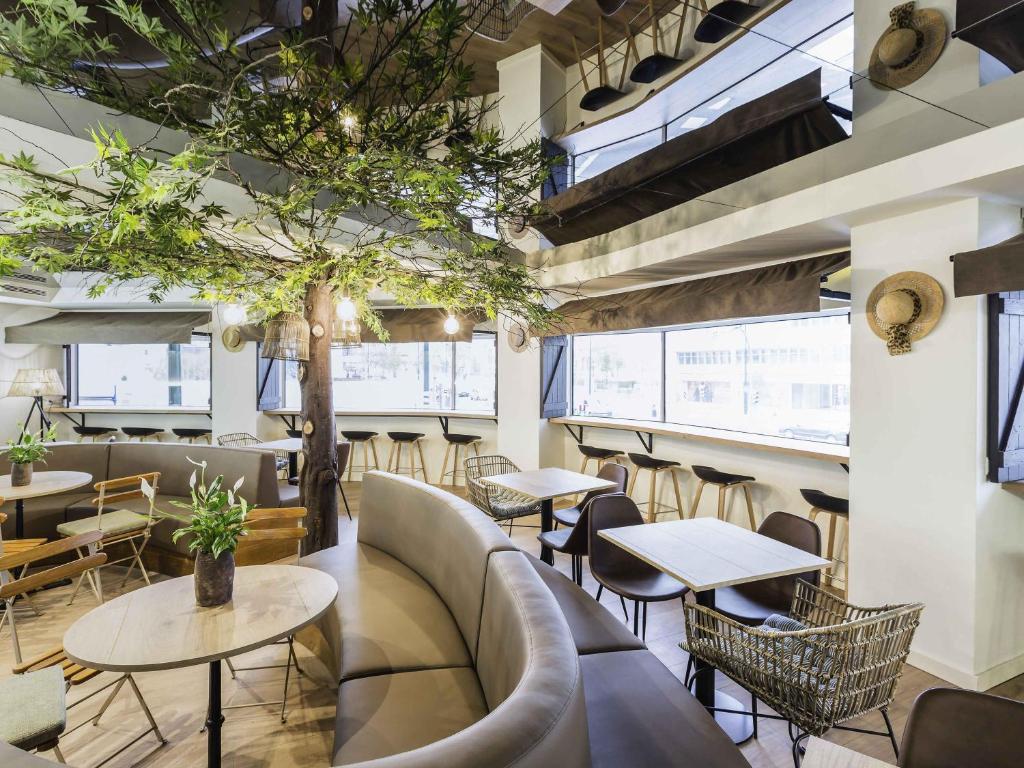 Modern cafe interior with cozy seating, tree centerpiece, and large windows for natural light.
