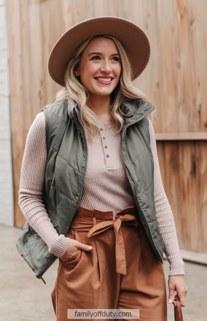 Woman in stylish fall outfit with hat, vest, and tie-waist pants, smiling outdoors by a rustic wooden wall.