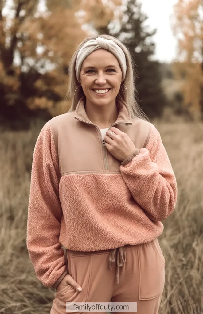 Woman in cozy pink fleece hoodie and headband smiles in autumn landscape.