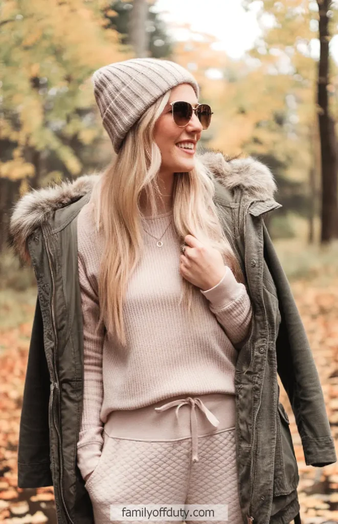 Smiling woman in autumn outfit with sunglasses, beanie, and fur-trimmed jacket in a scenic fall forest setting.