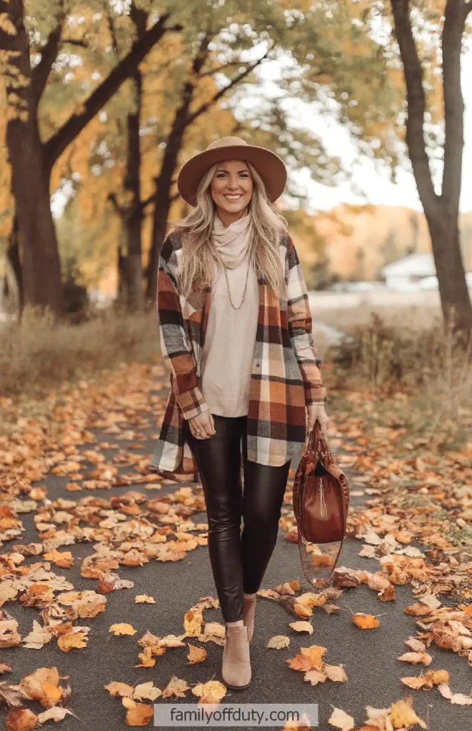 Smiling woman in fall outfit with hat, plaid coat, and leather pants, walking on leaf-covered path among autumn trees.