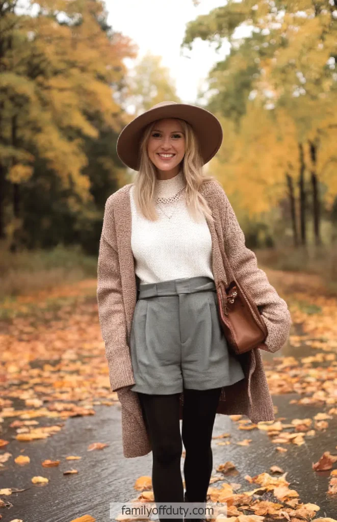 Woman smiling in autumn outfit surrounded by fall foliage on a leaf-covered path.