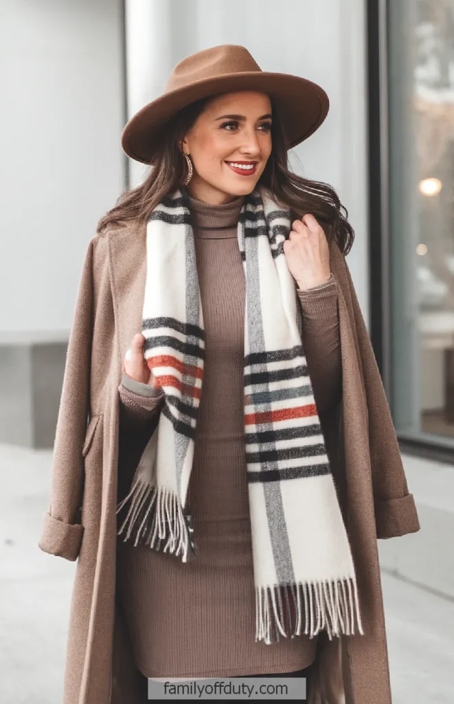 Woman in brown coat and hat with striped scarf, smiling outdoors in winter fashion.
