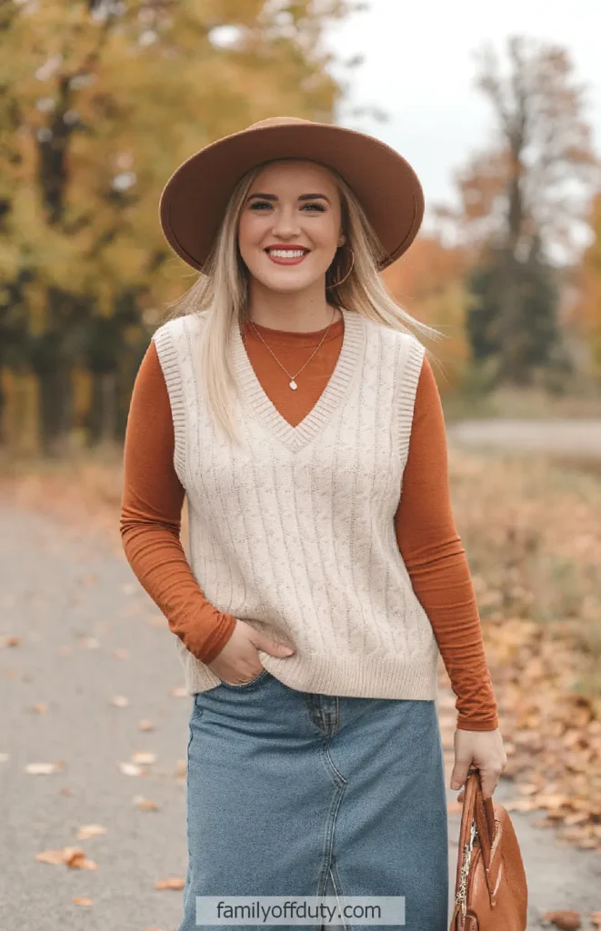 Woman smiling in fall attire with a hat, vest, and denim skirt on a tree-lined path.