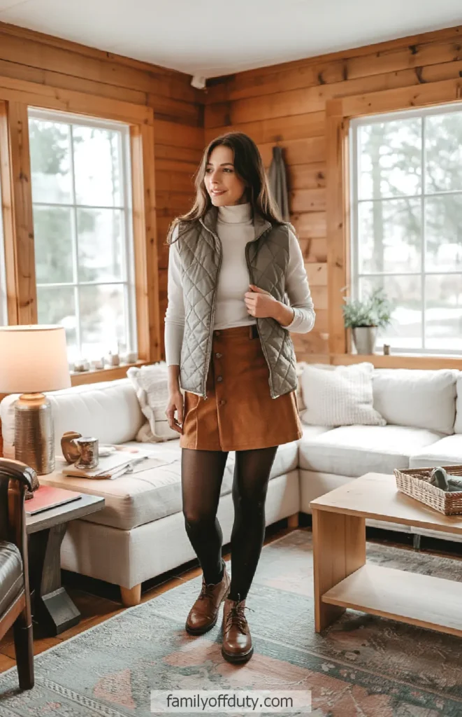 Woman in cozy cabin wearing a quilted vest and skirt, standing near a sofa and table, bright natural light.