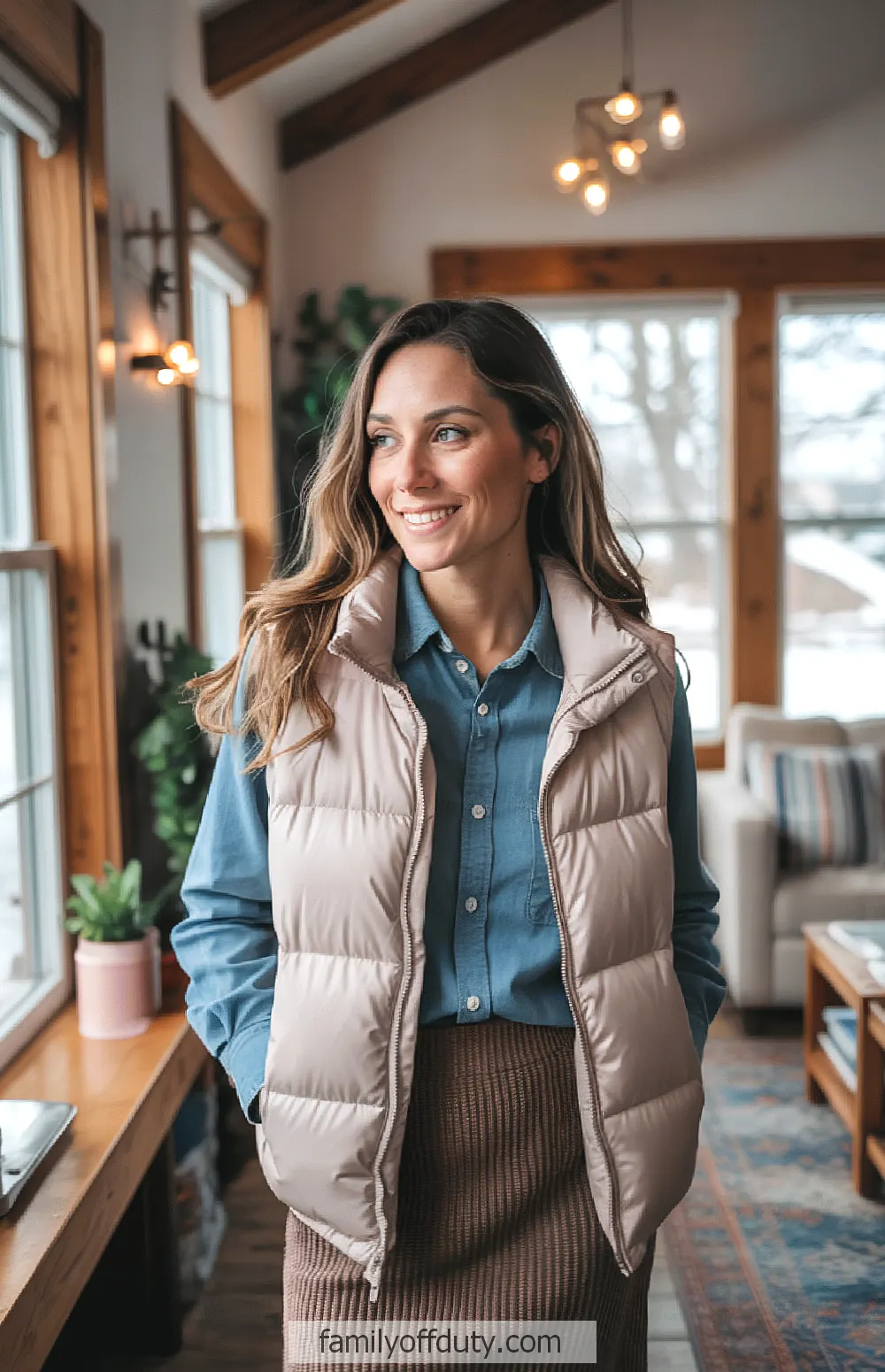 cabin outfit ideas. Smiling woman in cozy winter attire standing in a bright living room with wooden beams and plants.