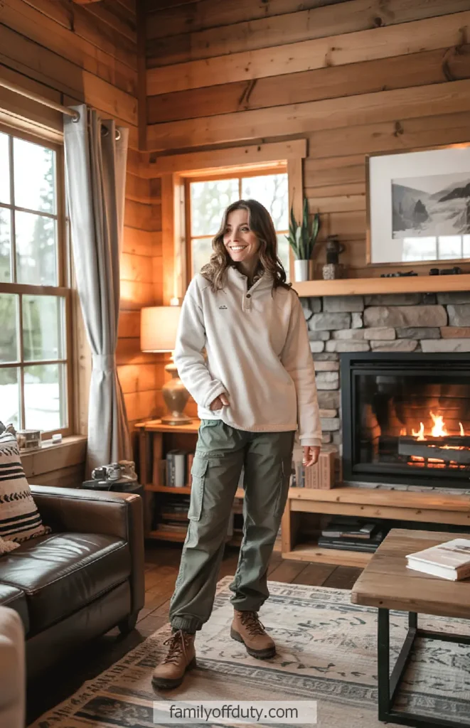 Cozy cabin interior with person in casual wear by a fireplace, surrounded by wood and natural decor.