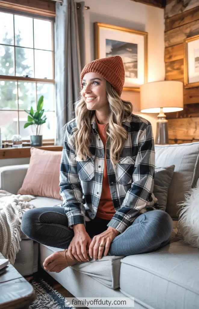 Smiling woman in winter attire sitting on a cozy couch in a warmly decorated living room.