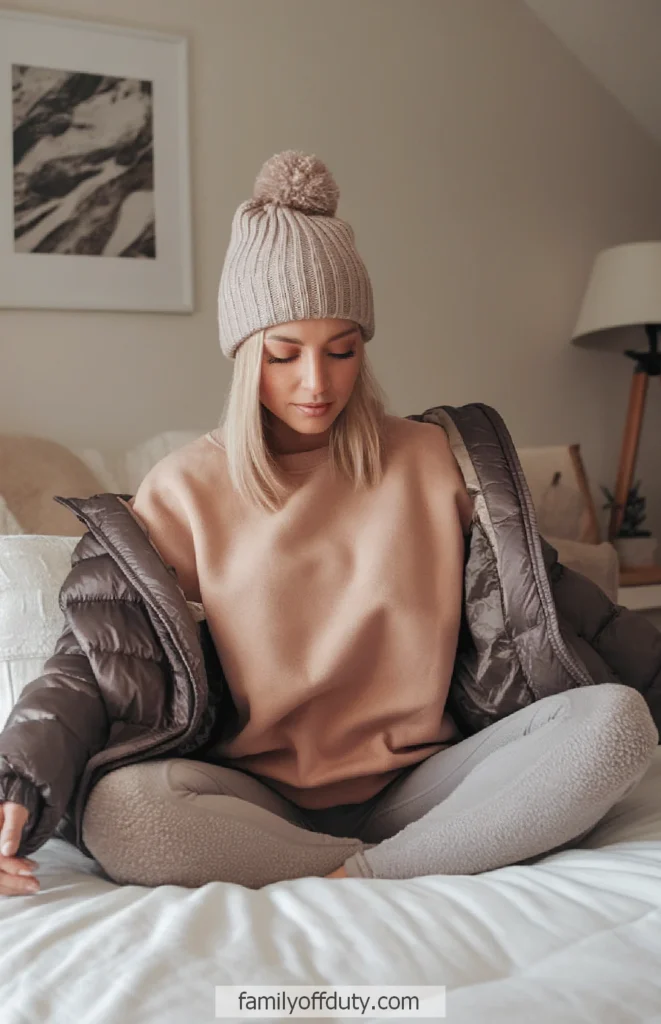 Woman in cozy winter outfit with beanie and puffer jacket sits indoors on a bed.