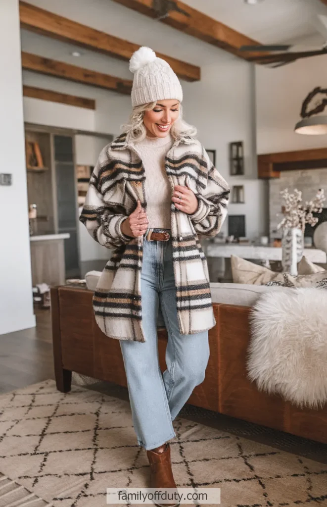 Woman in cozy winter outfit with plaid jacket, knit hat, and jeans in stylish living room.