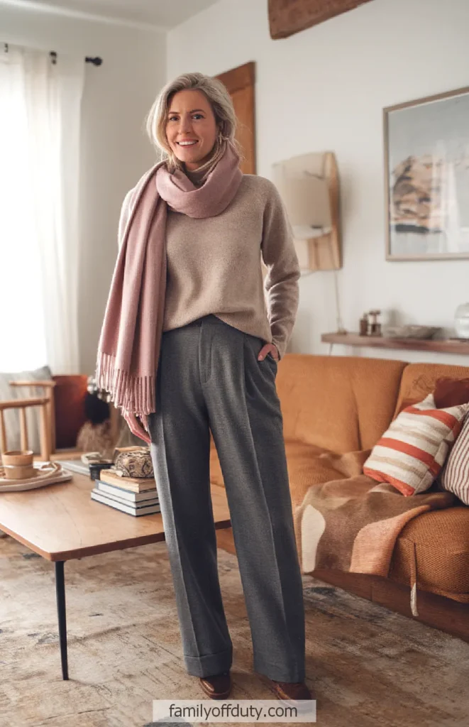 Woman in cozy sweater and scarf standing in stylish, modern living room with wooden decor and soft lighting.