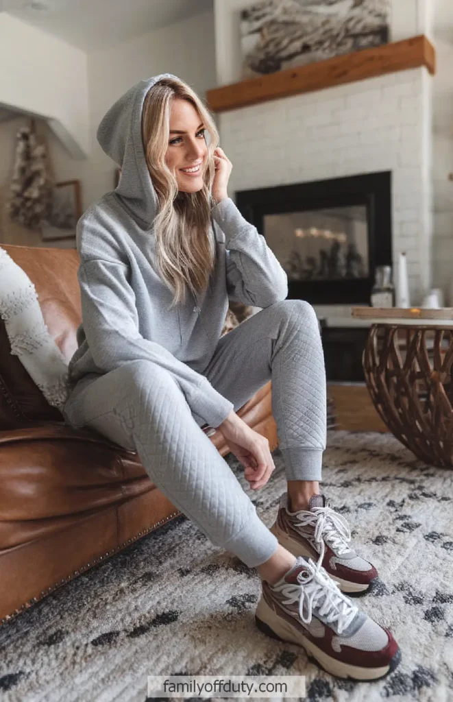 Woman in cozy grey loungewear sitting on a couch, smiling, wearing sneakers in a stylish living room.