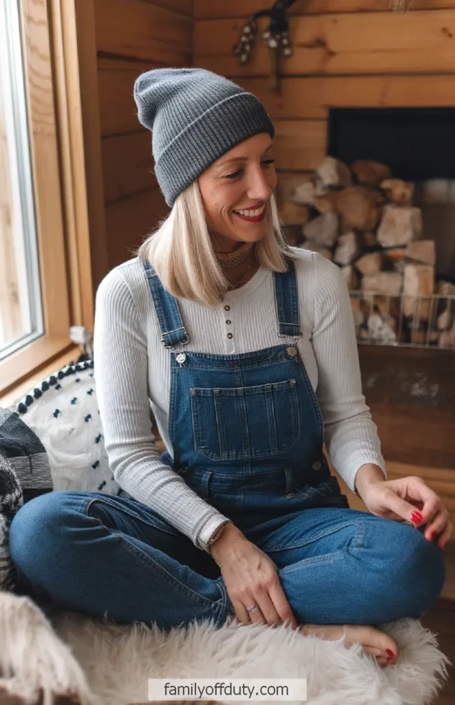 Woman in cozy cabin wearing denim overalls and knit beanie, sitting by a window smiling.