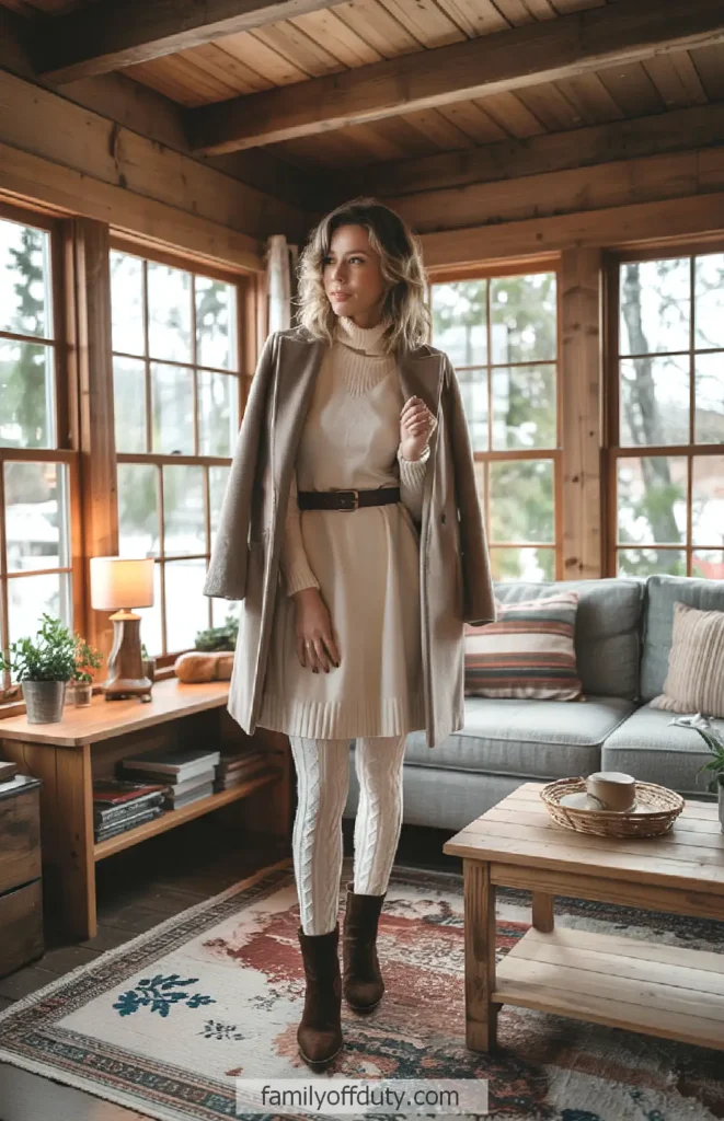 Cozy living room fashion: Woman in stylish outfit by large windows, rustic decor, and warm ambiance.