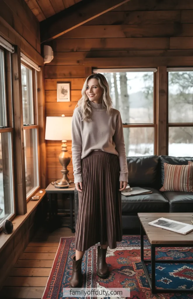 Woman in cozy cabin wearing a sweater and pleated skirt, standing near a window with a view, rustic interior.